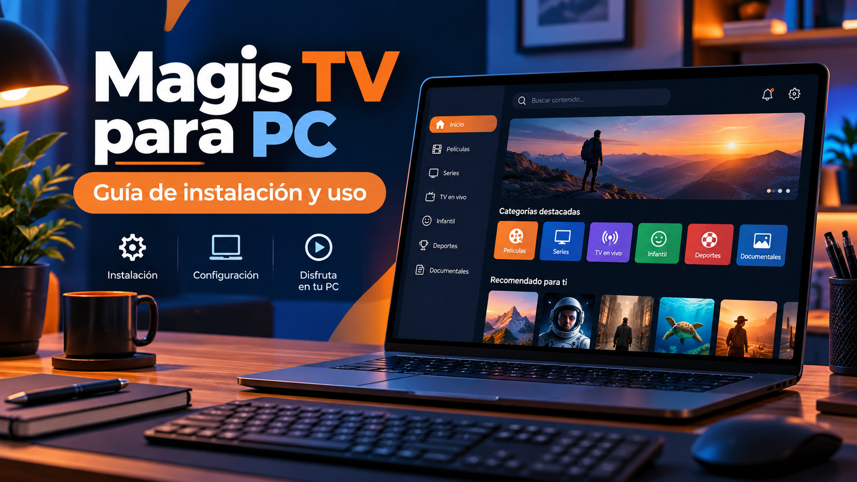 Ilustración de computadora portátil con guía de Magis TV para PC